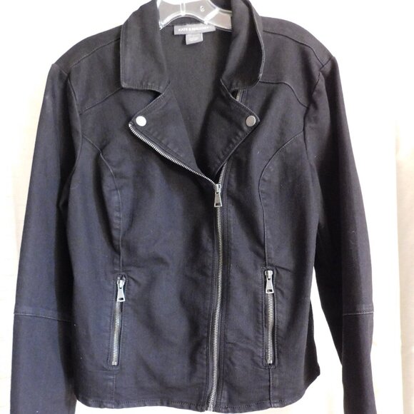 Kate and Mallory Black Denim Moto Jacket Woman's Large - Picture 1 of 4